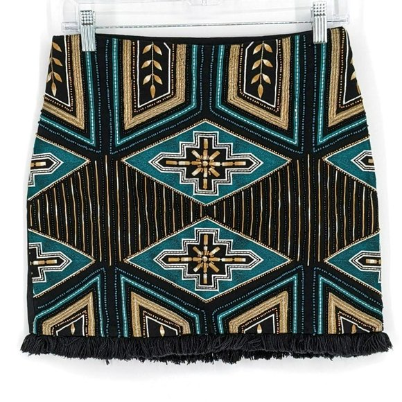 H&M Skirt Southwestern Cotton Twill 6 Fun Colorful Beaded Fringe Hem Aztec Boho - Picture 1 of 13